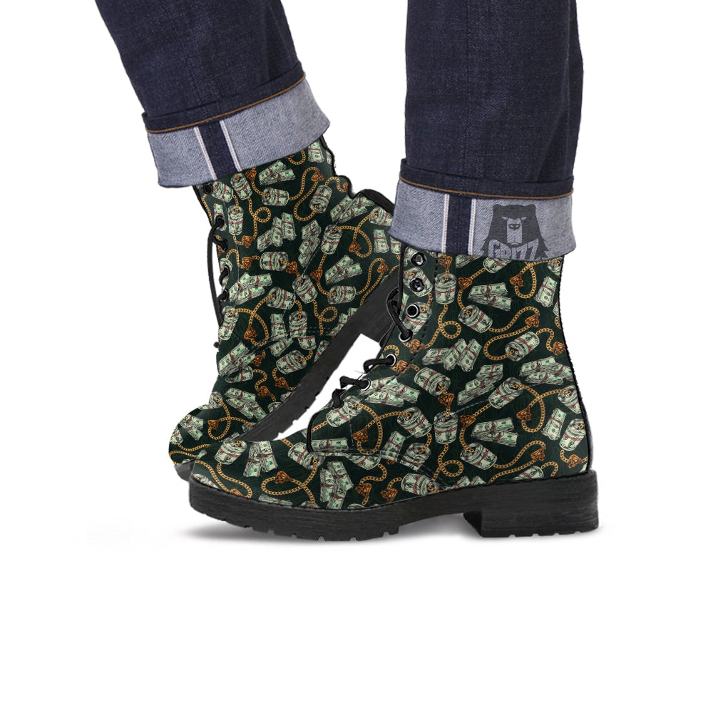 US Dollar Print Pattern Leather Boots-grizzshop