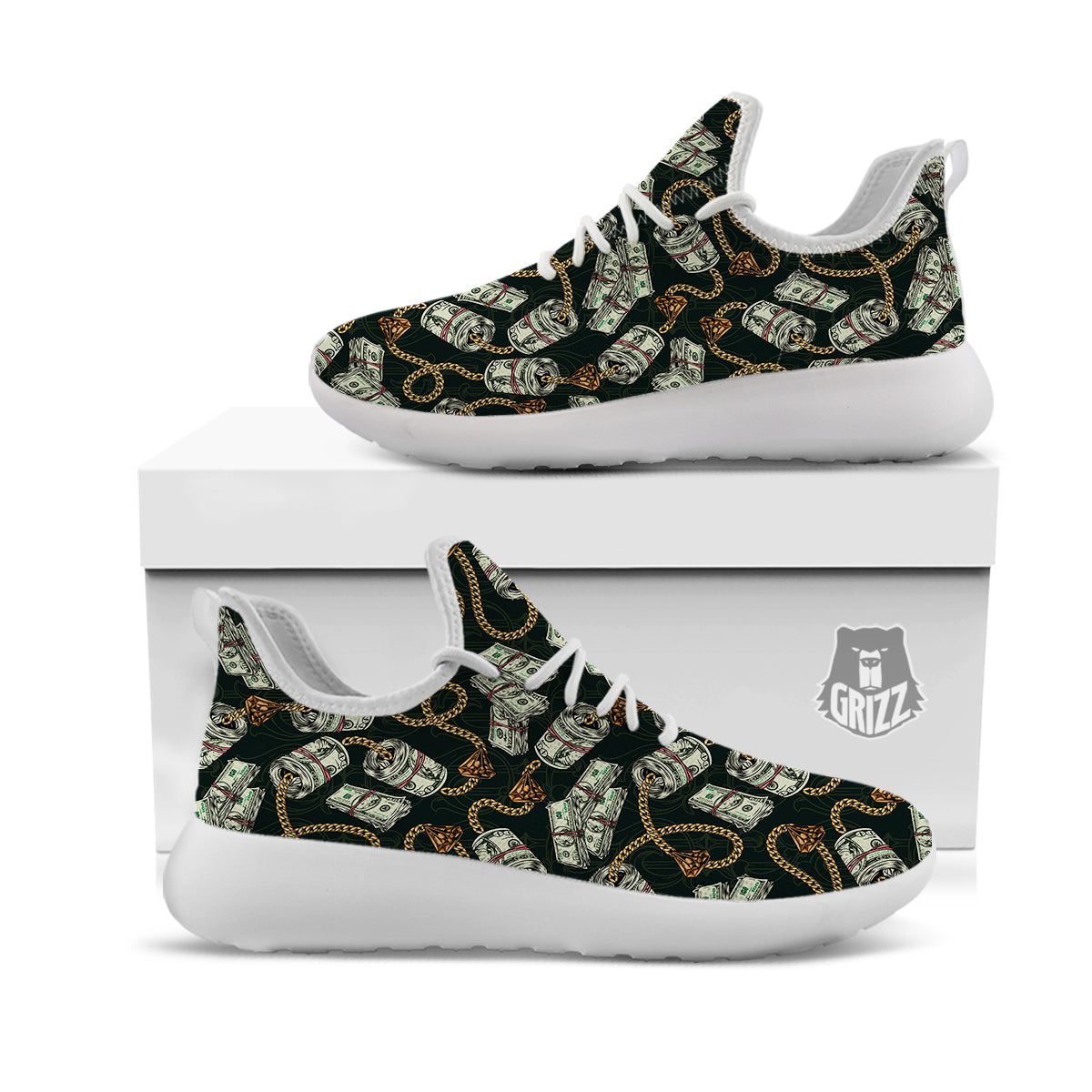 US Dollar Print Pattern White Athletic Shoes-grizzshop