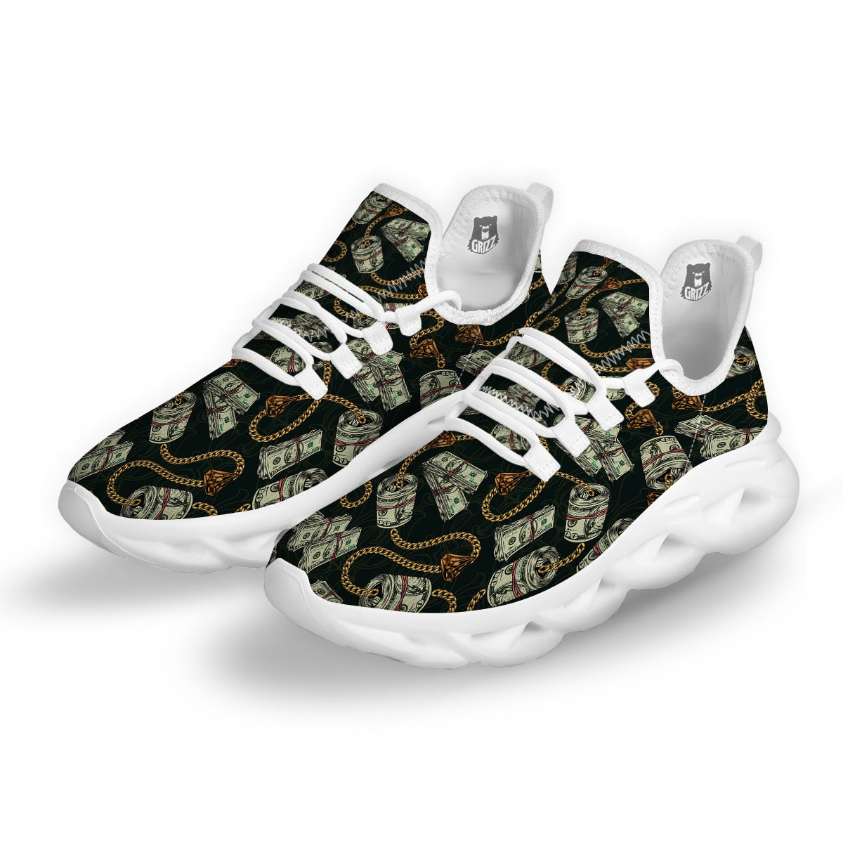US Dollar Print Pattern White Running Shoes-grizzshop