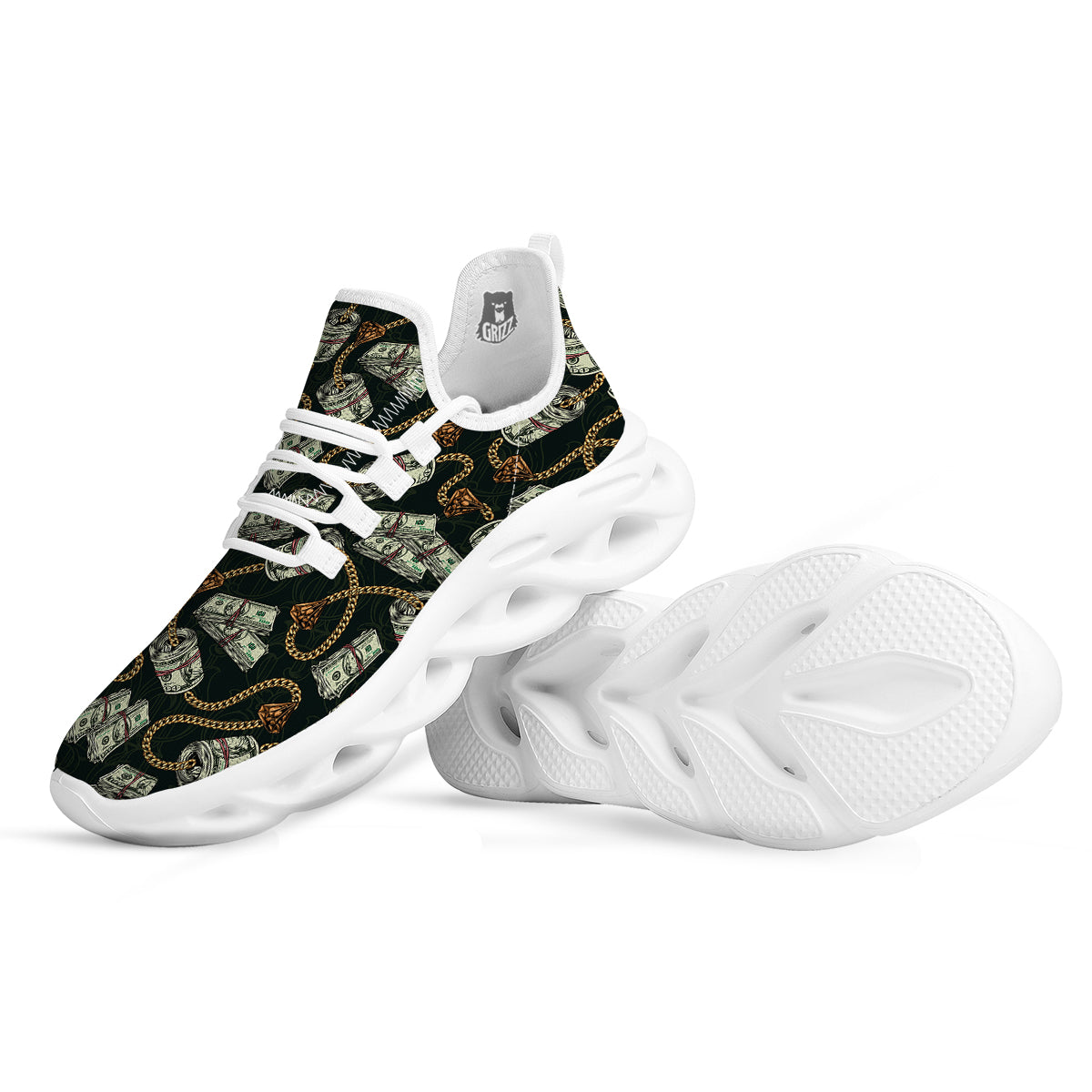 US Dollar Print Pattern White Running Shoes-grizzshop