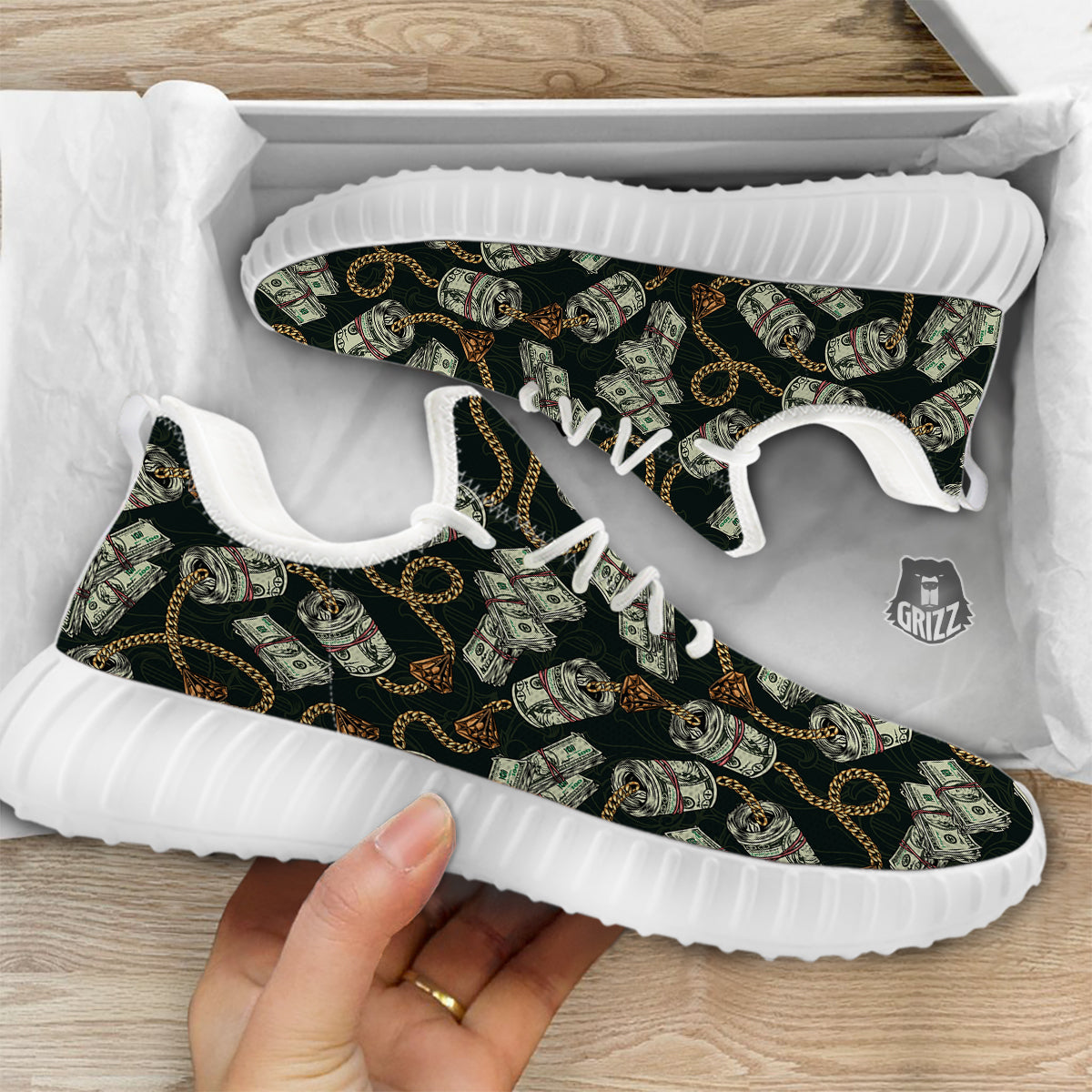 US Dollar Print Pattern White Walking Shoes-grizzshop