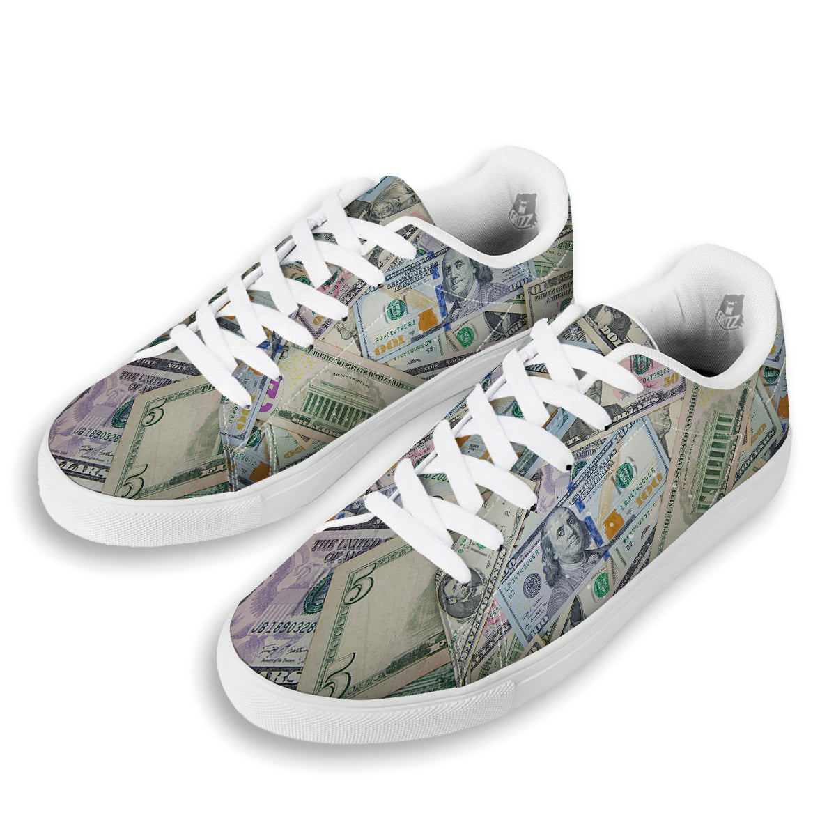 US Dollar Print White Low Top Sneakers-grizzshop