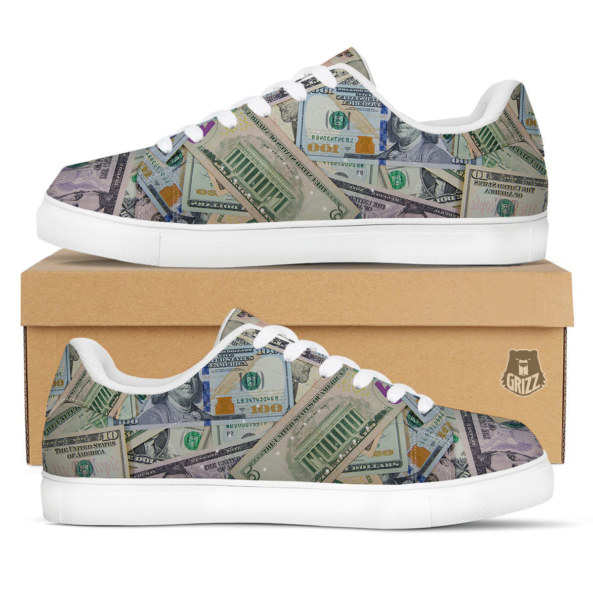 US Dollar Print White Low Top Sneakers-grizzshop