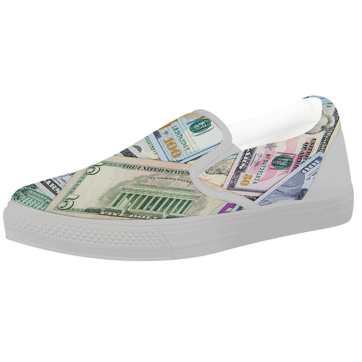 US Dollar Print White Slip On Shoes-grizzshop
