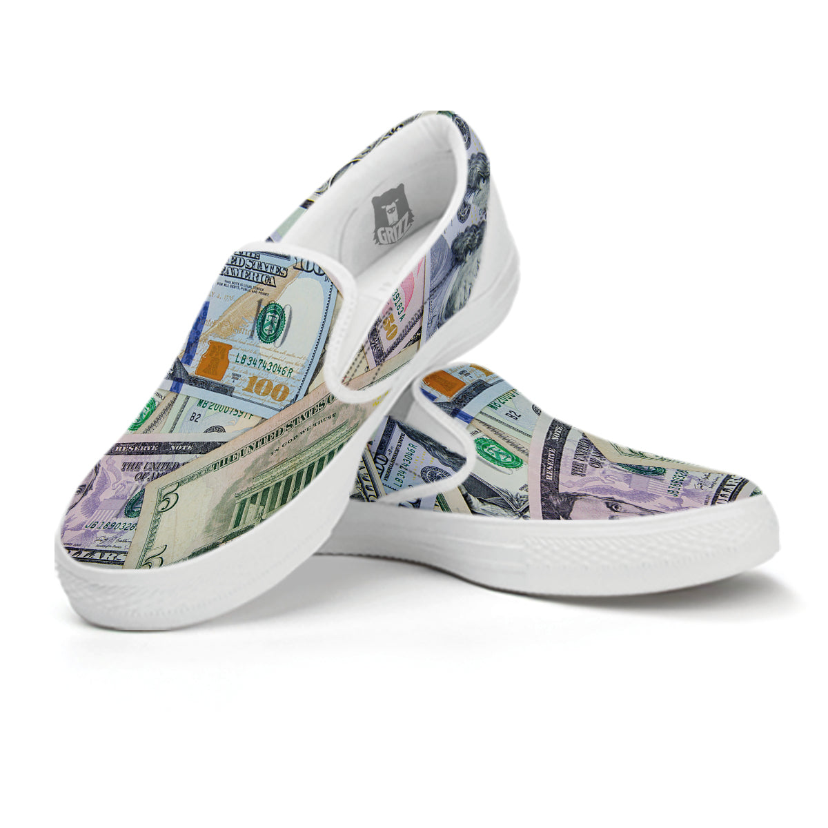 US Dollar Print White Slip On Shoes-grizzshop