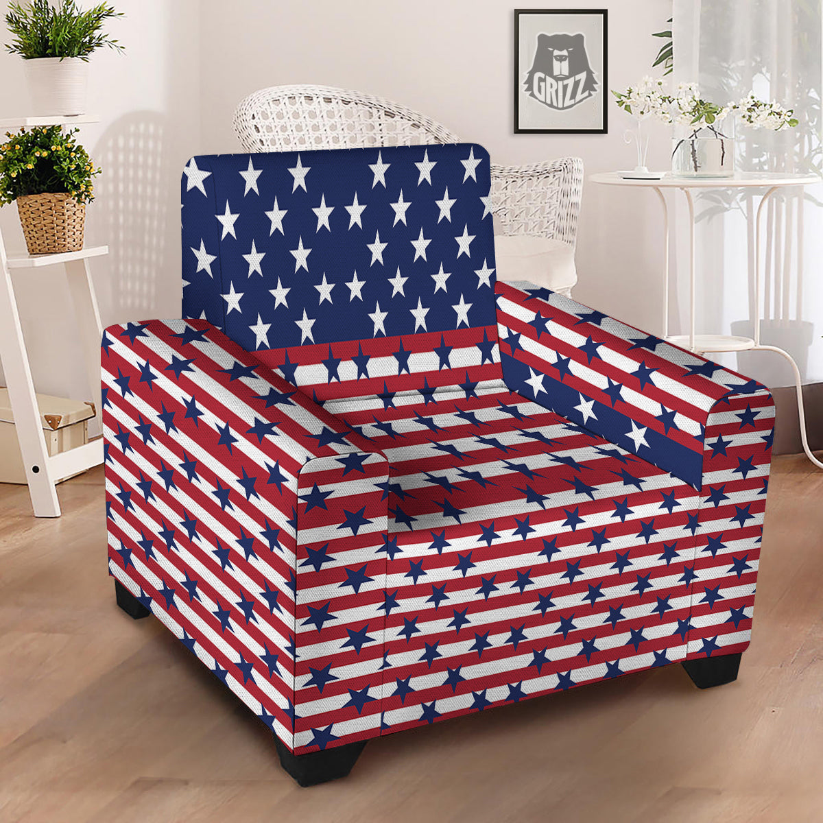 USA Blue And White Star Print Pattern Armchair Slipcover-grizzshop