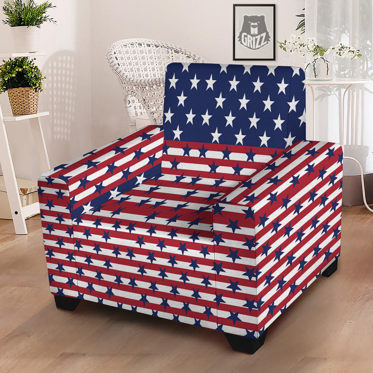 USA Blue And White Star Print Pattern Armchair Slipcover-grizzshop