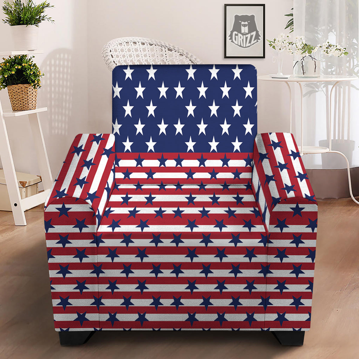 USA Blue And White Star Print Pattern Armchair Slipcover-grizzshop