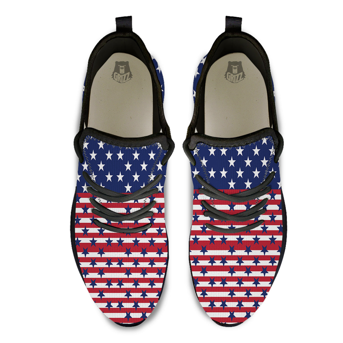 USA Blue And White Star Print Pattern Black Athletic Shoes-grizzshop