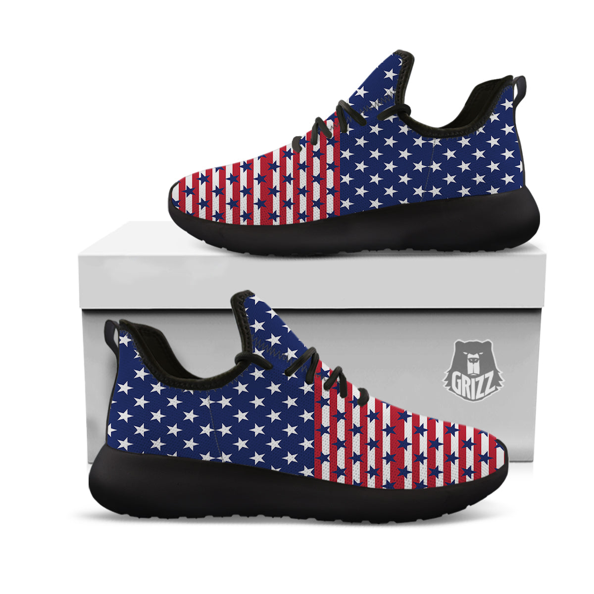 USA Blue And White Star Print Pattern Black Athletic Shoes-grizzshop