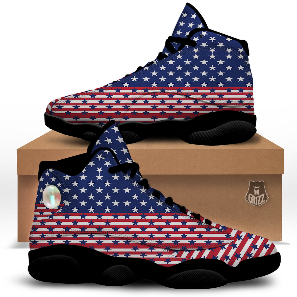 USA Blue And White Star Print Pattern Black Basketball Shoes-grizzshop