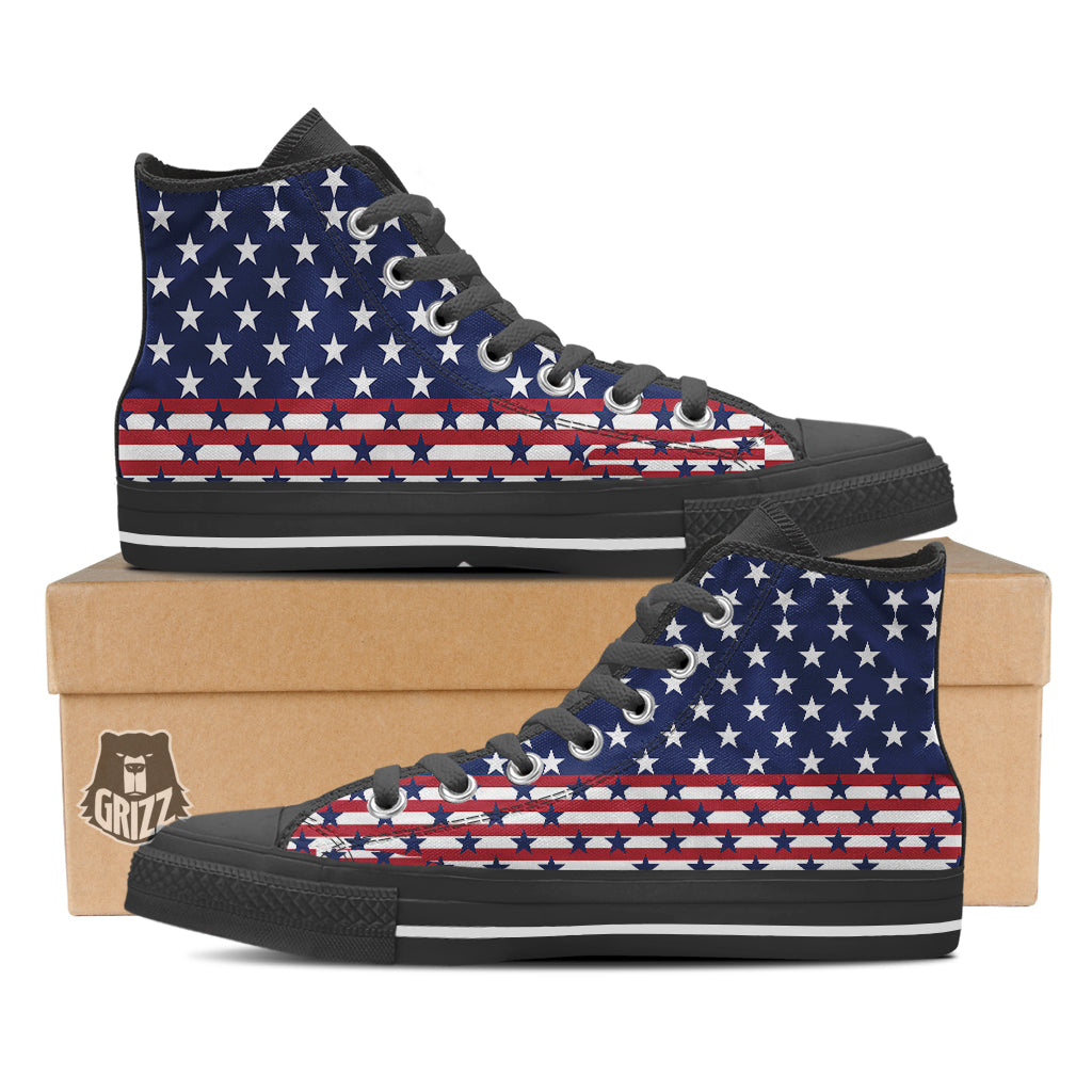 USA Blue And White Star Print Pattern Black High Top Shoes-grizzshop