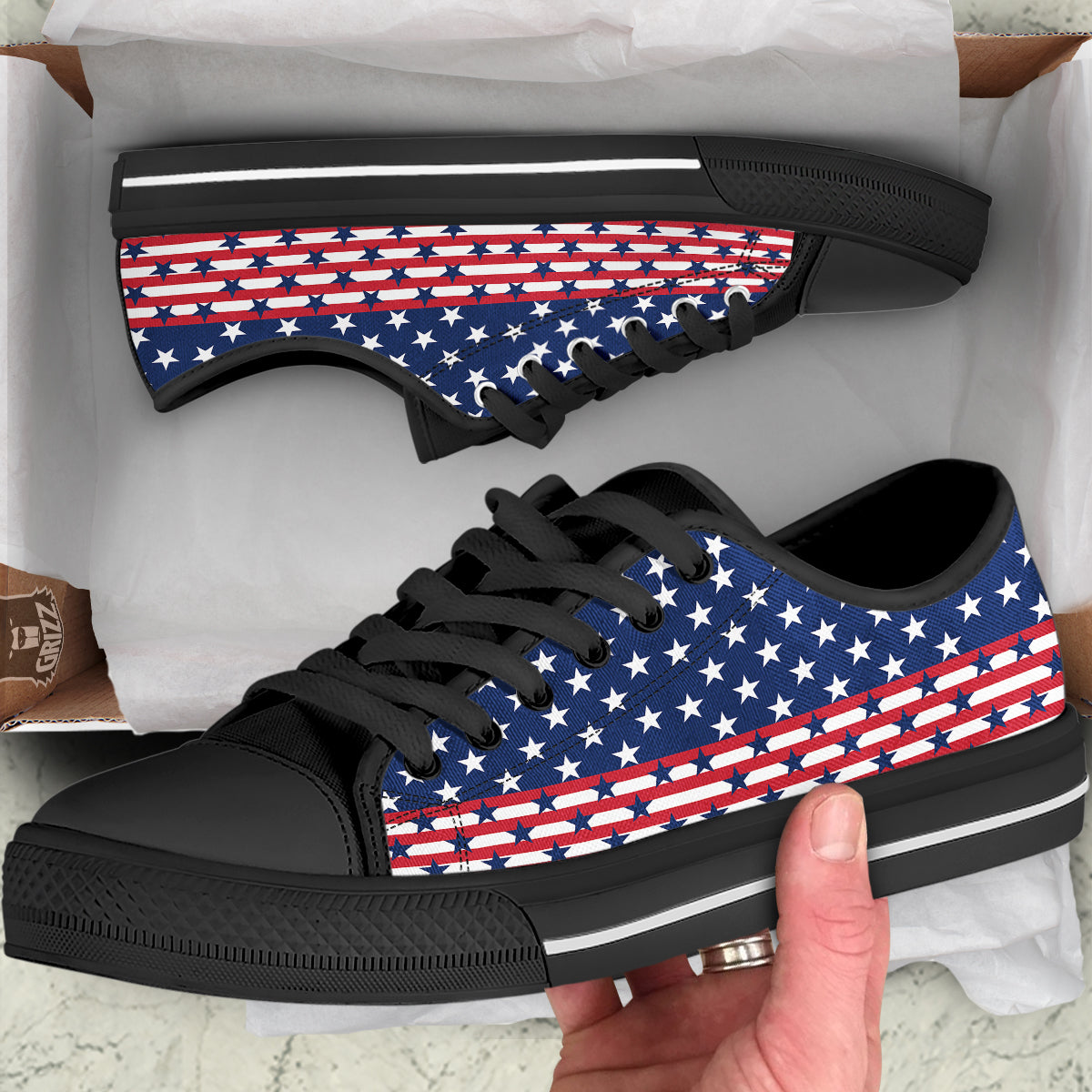 USA Blue And White Star Print Pattern Black Low Top Shoes-grizzshop