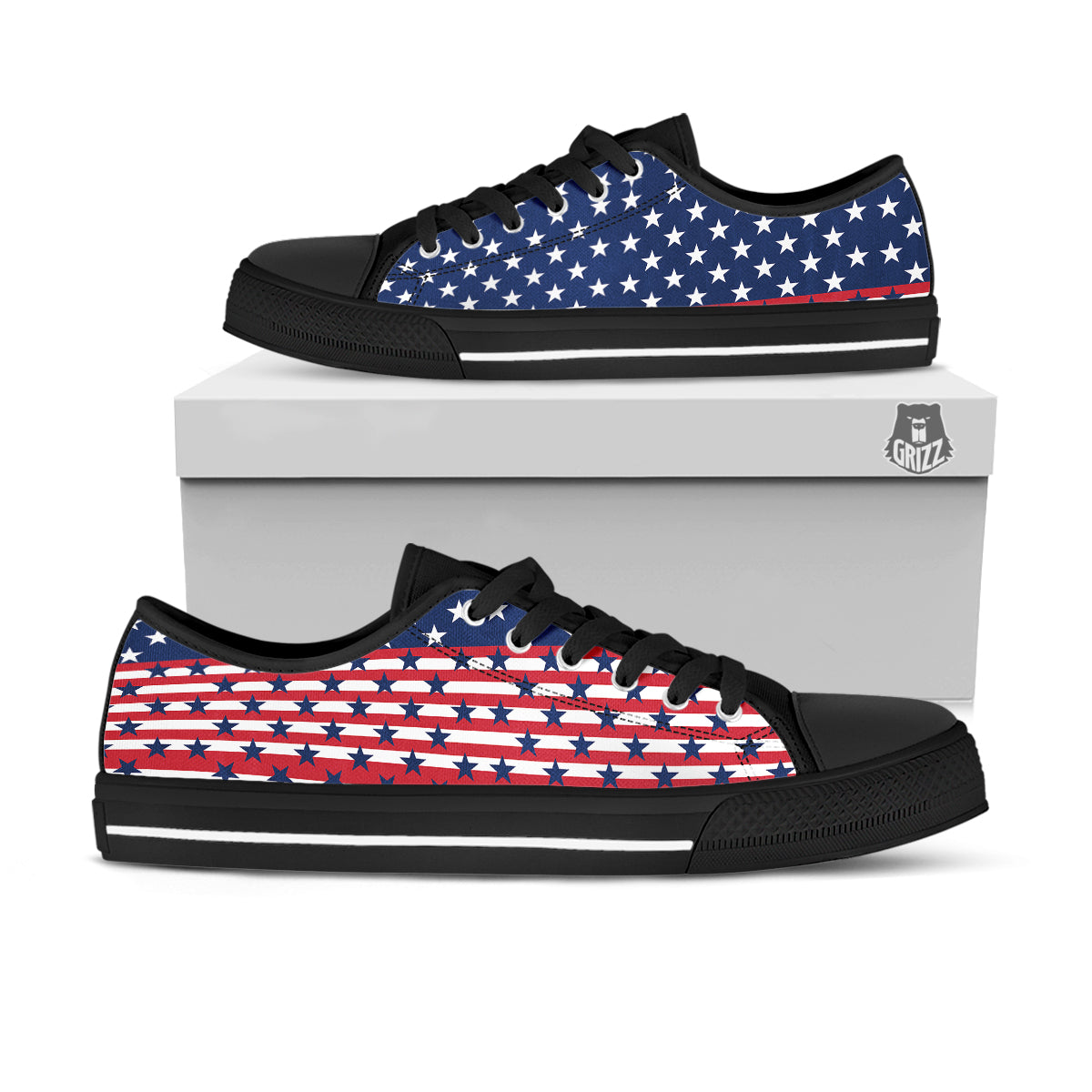 USA Blue And White Star Print Pattern Black Low Top Shoes-grizzshop