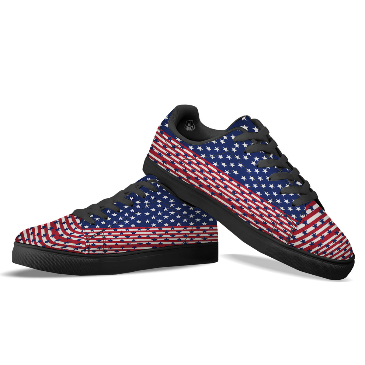 USA Blue And White Star Print Pattern Black Low Top Sneakers-grizzshop