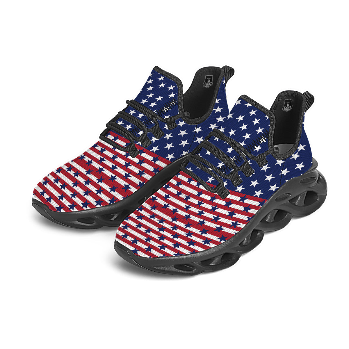 USA Blue And White Star Print Pattern Black Running Shoes-grizzshop