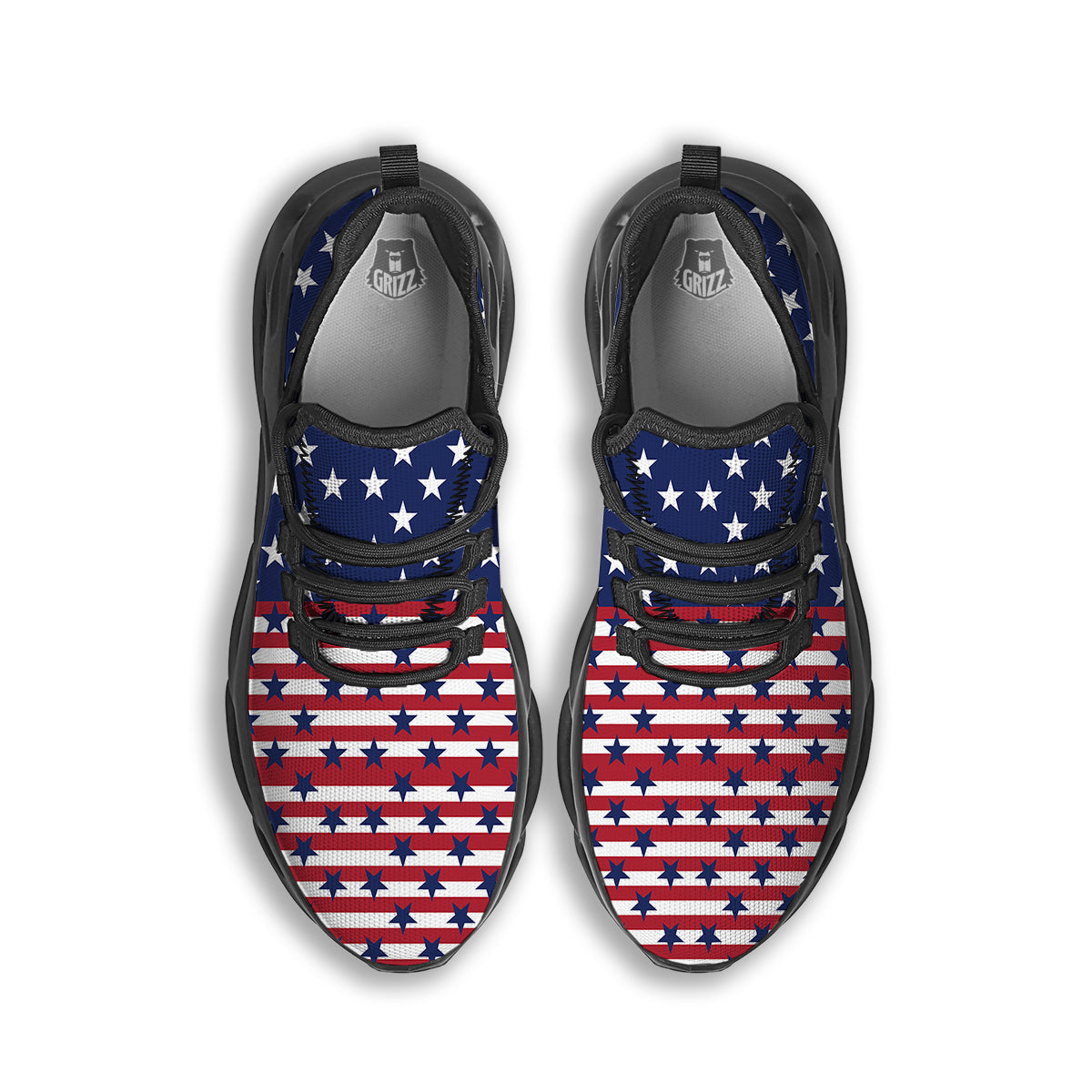 USA Blue And White Star Print Pattern Black Running Shoes-grizzshop