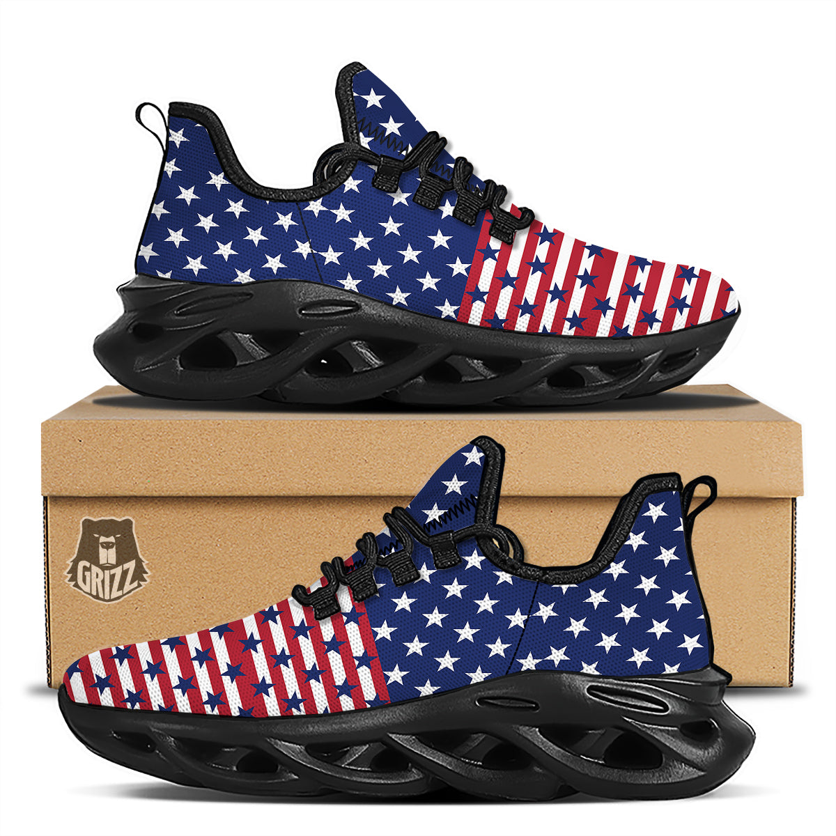 USA Blue And White Star Print Pattern Black Running Shoes-grizzshop