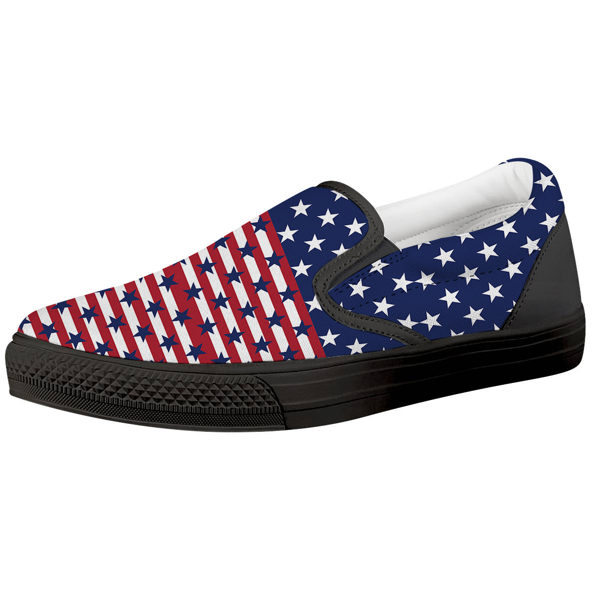 USA Blue And White Star Print Pattern Black Slip On Shoes-grizzshop