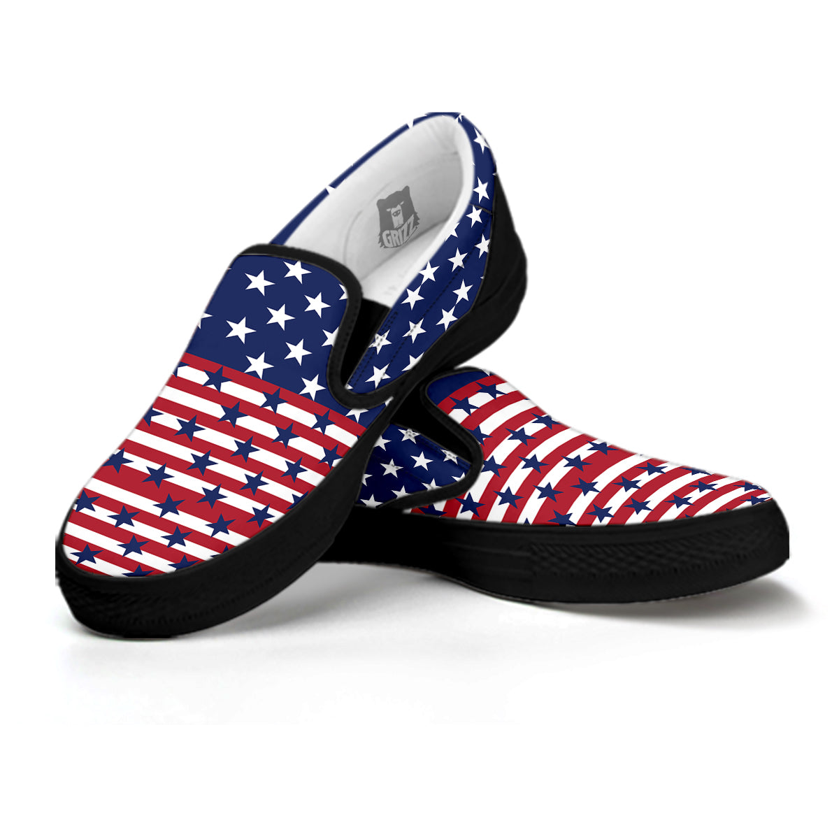 USA Blue And White Star Print Pattern Black Slip On Shoes-grizzshop