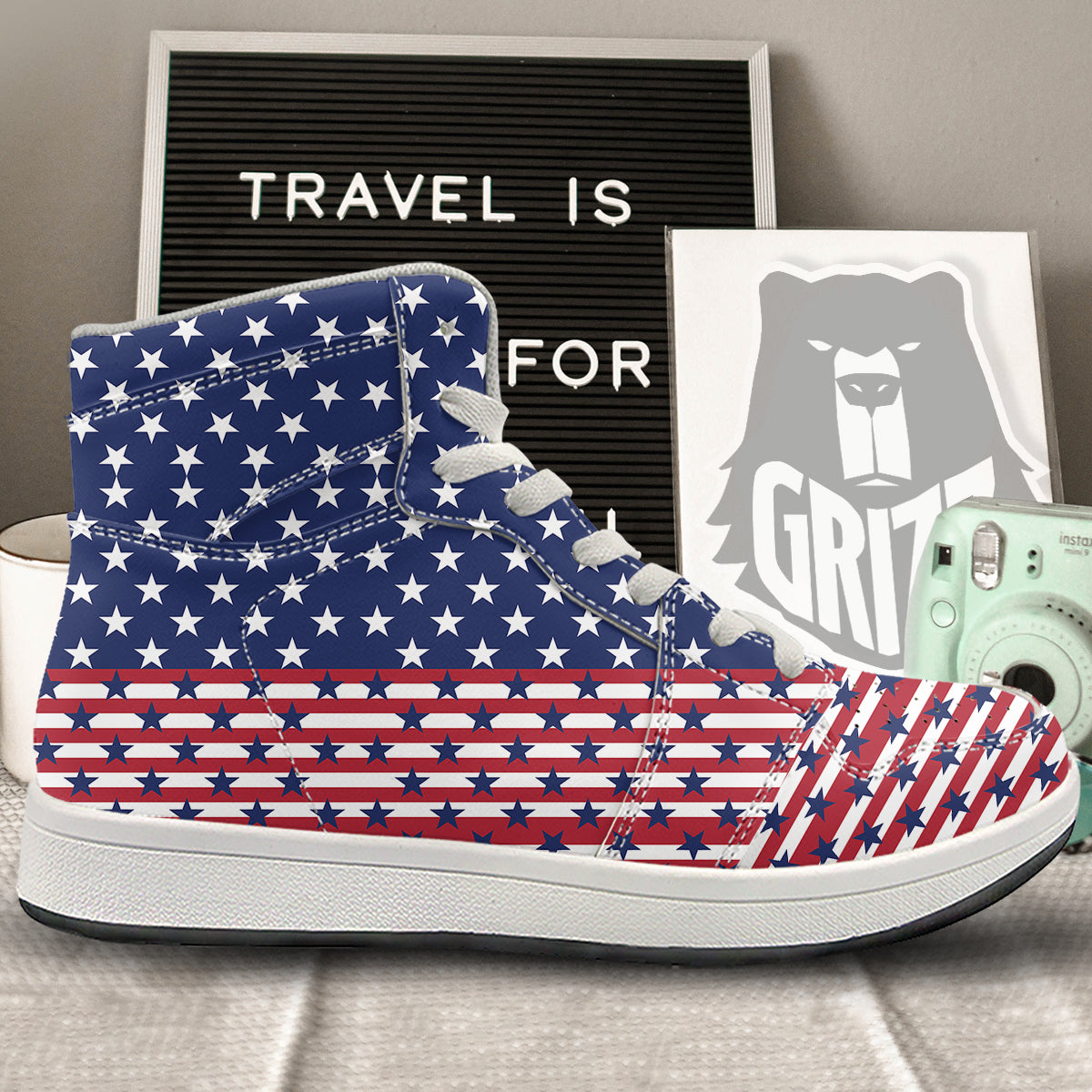 USA Blue And White Star Print Pattern High Top Sneakers-grizzshop