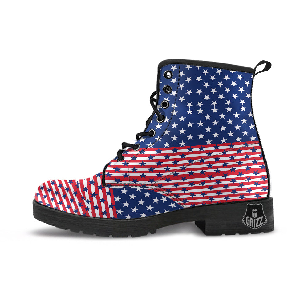 USA Blue And White Star Print Pattern Leather Boots-grizzshop