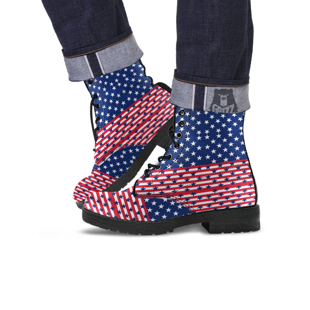 USA Blue And White Star Print Pattern Leather Boots-grizzshop