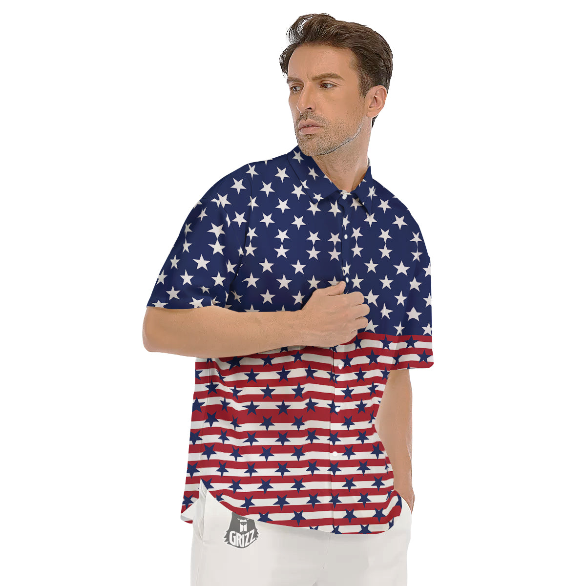 USA Blue And White Star Print Pattern Men's Short Sleeve Shirts-grizzshop