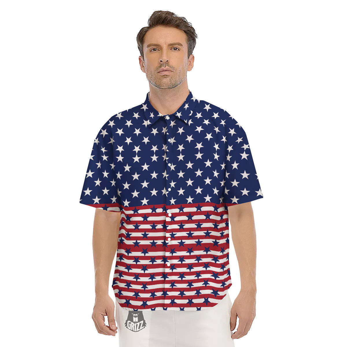 USA Blue And White Star Print Pattern Men's Short Sleeve Shirts-grizzshop