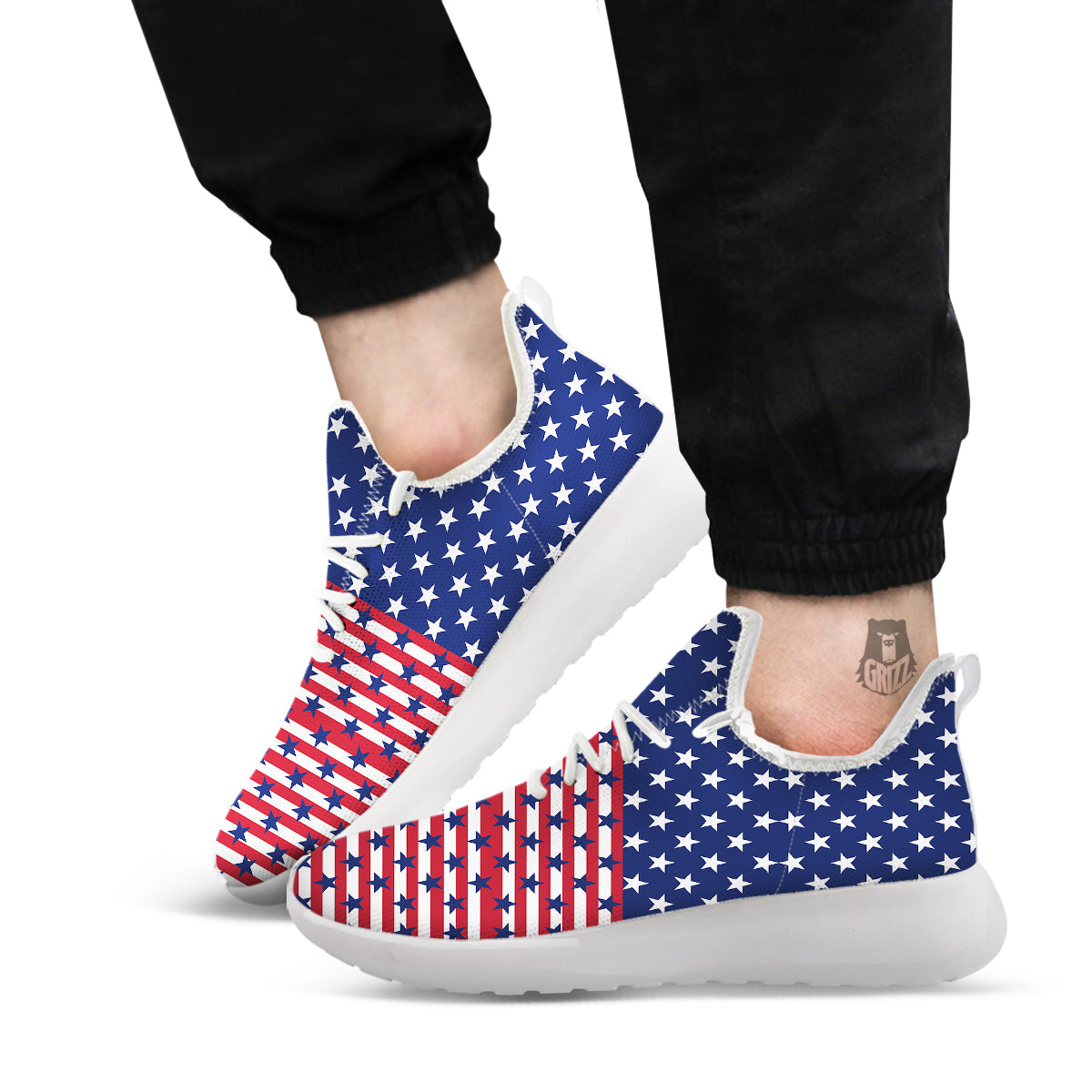 USA Blue And White Star Print Pattern White Athletic Shoes-grizzshop