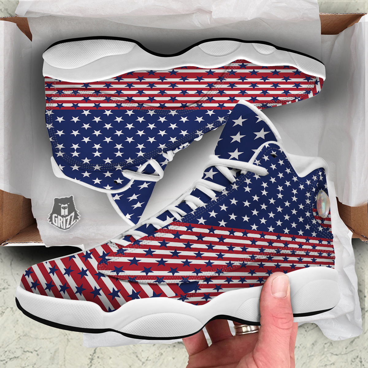 USA Blue And White Star Print Pattern White Basketball Shoes-grizzshop