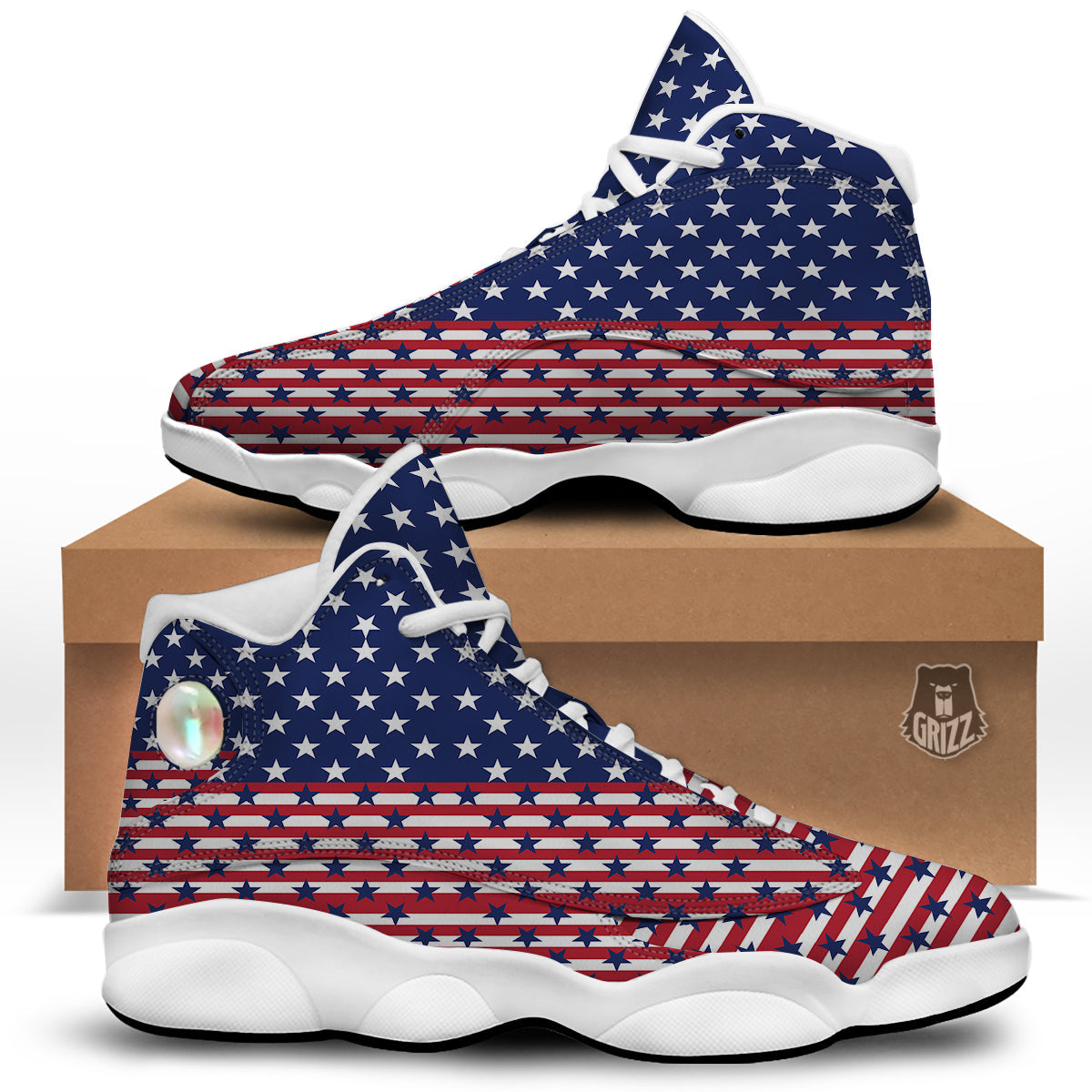 USA Blue And White Star Print Pattern White Basketball Shoes-grizzshop