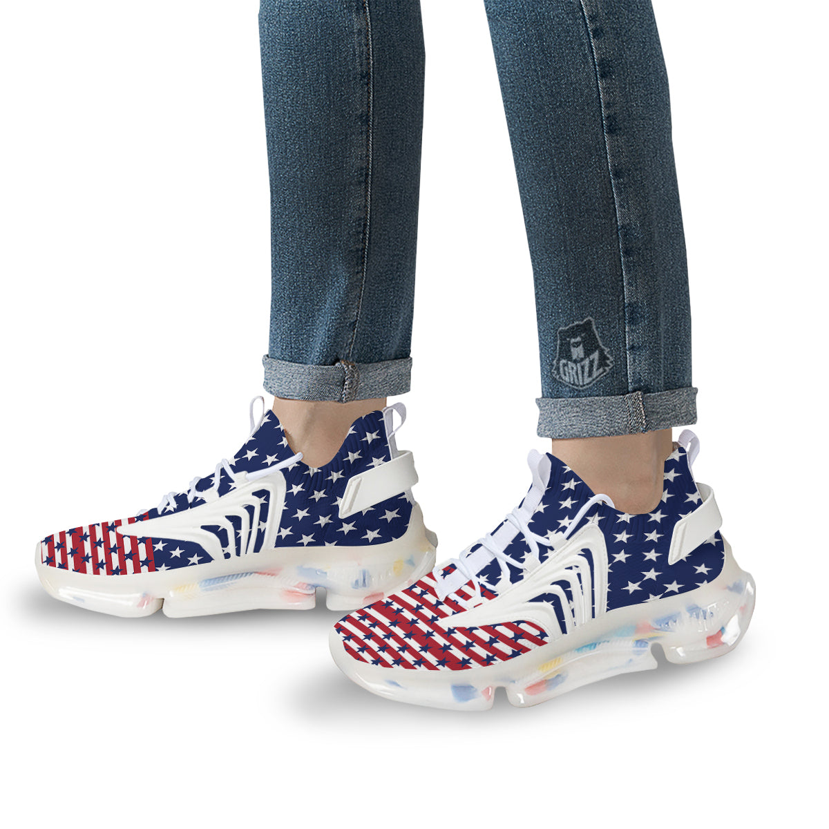 USA Blue And White Star Print Pattern White Gym Shoes-grizzshop