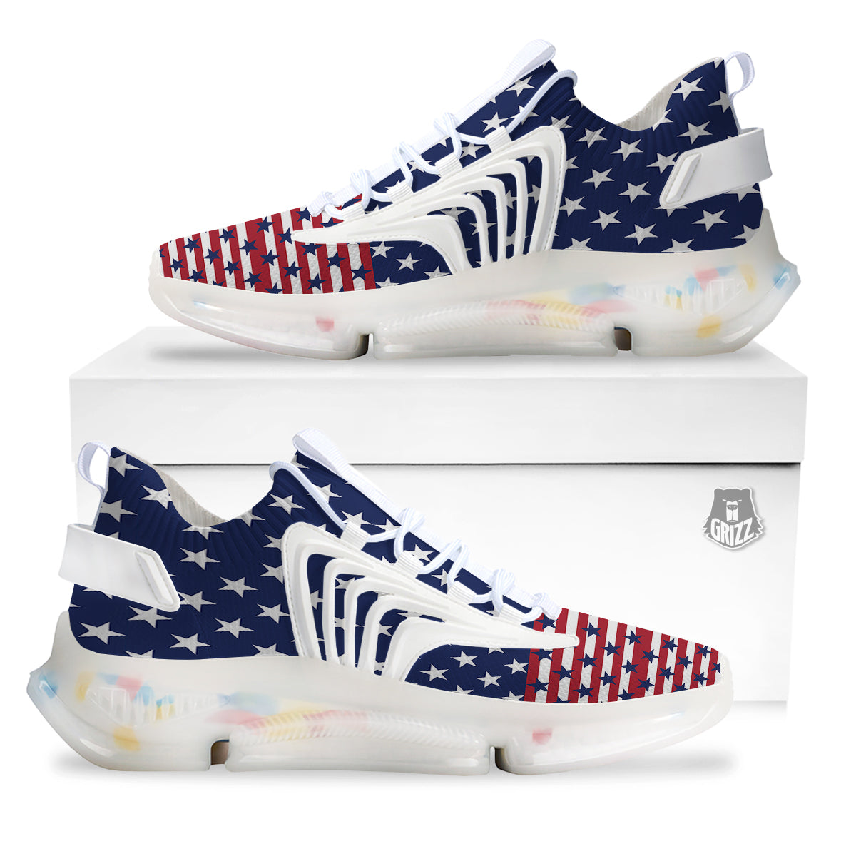 USA Blue And White Star Print Pattern White Gym Shoes-grizzshop