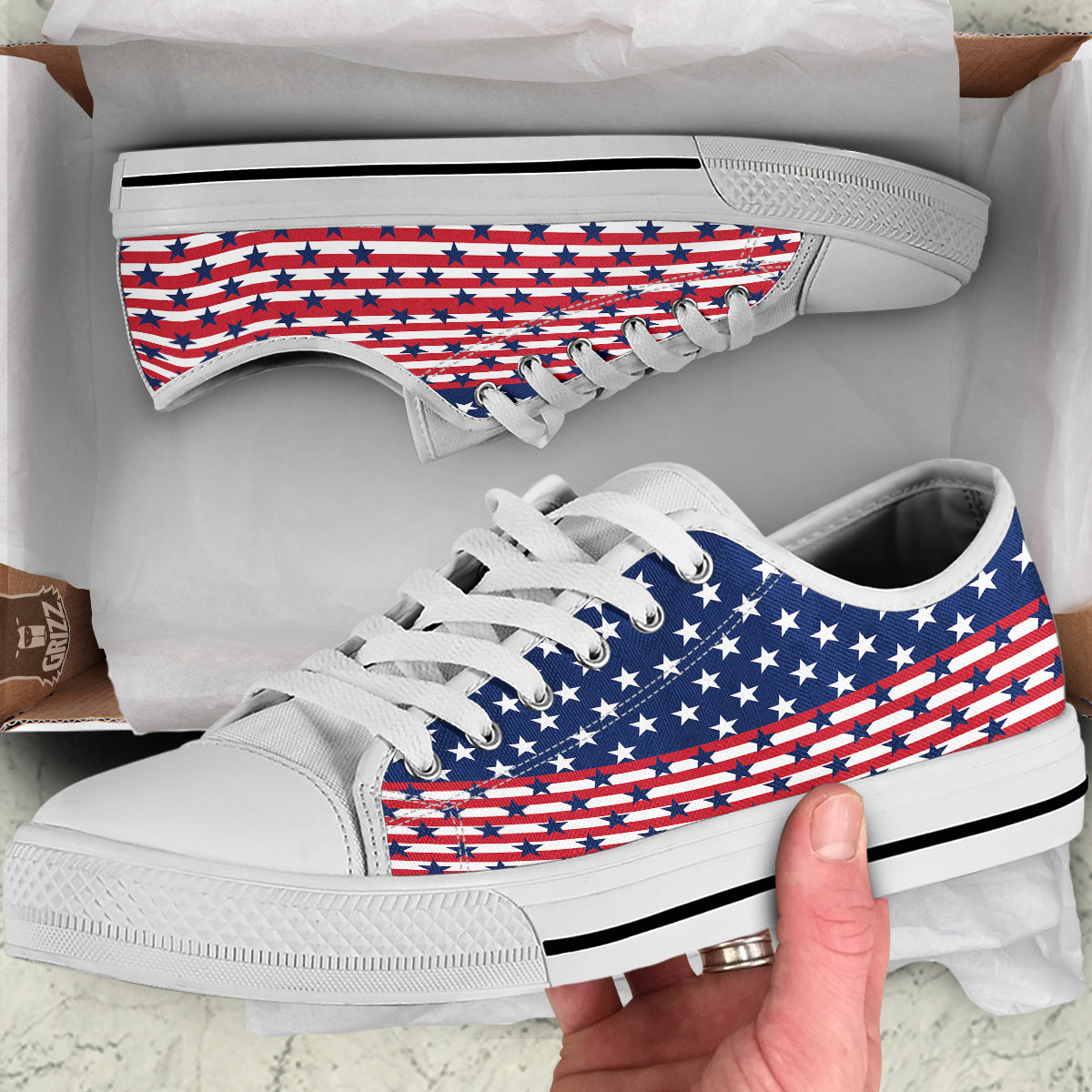 USA Blue And White Star Print Pattern White Low Top Shoes-grizzshop