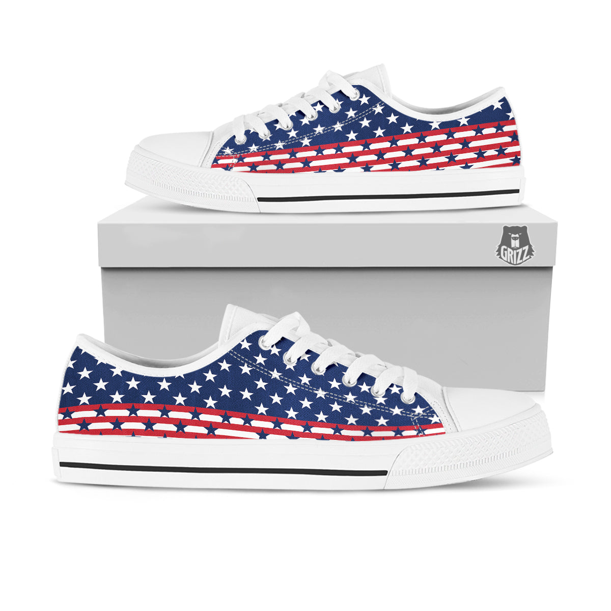 USA Blue And White Star Print Pattern White Low Top Shoes-grizzshop