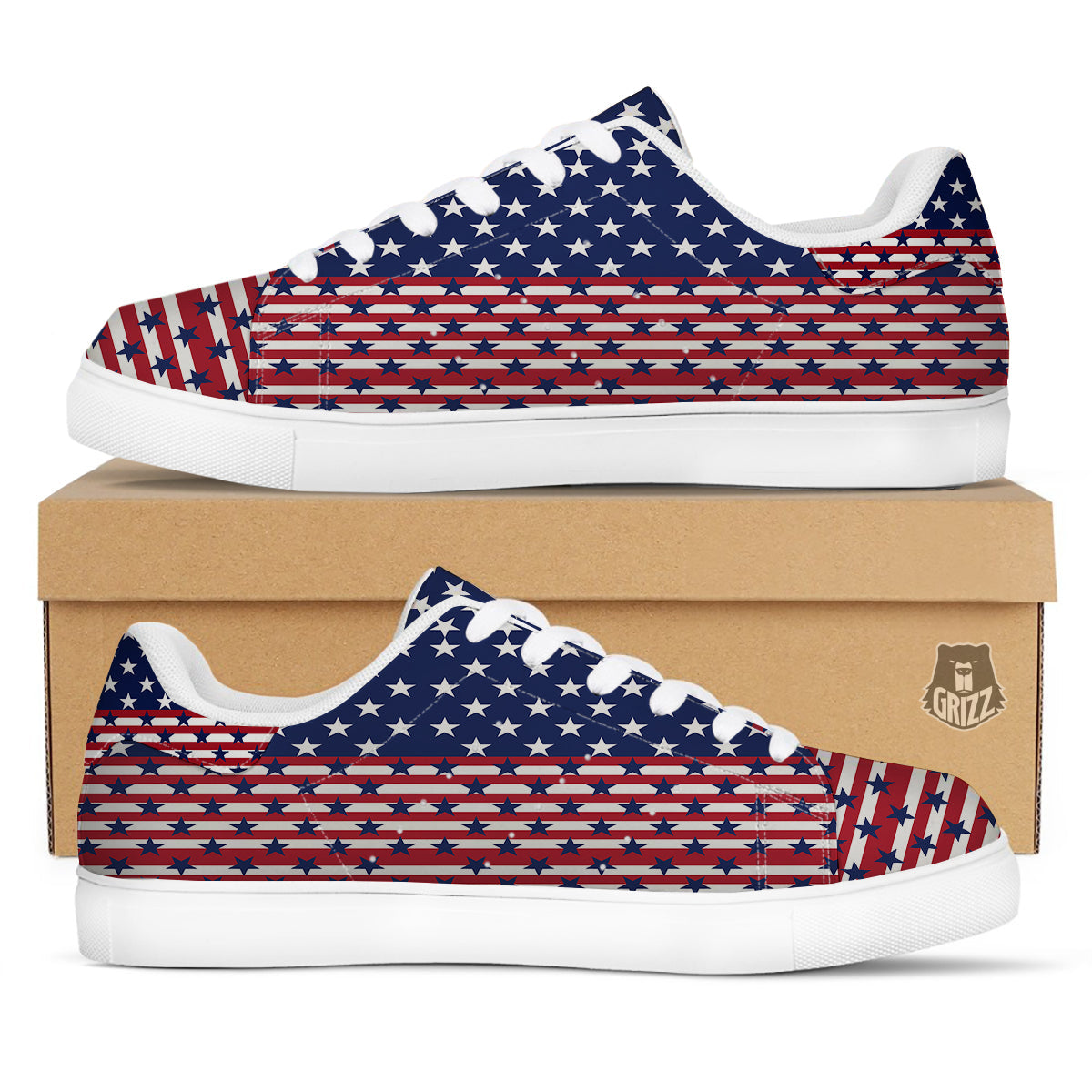 USA Blue And White Star Print Pattern White Low Top Sneakers-grizzshop