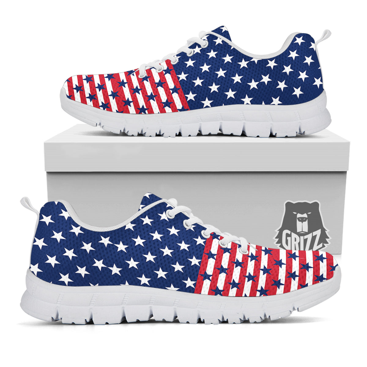 USA Blue And White Star Print Pattern White Sneaker-grizzshop