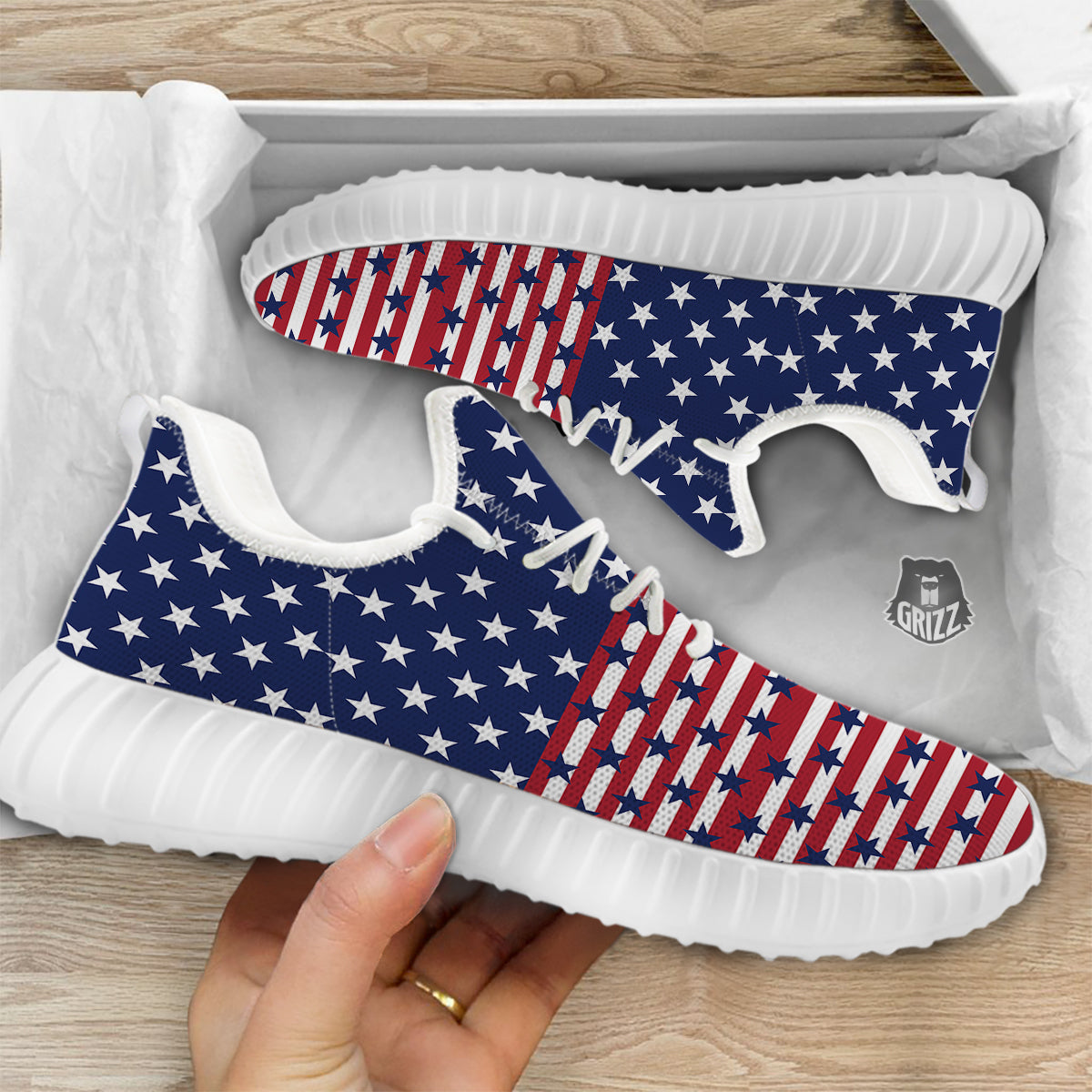 USA Blue And White Star Print Pattern White Walking Shoes-grizzshop