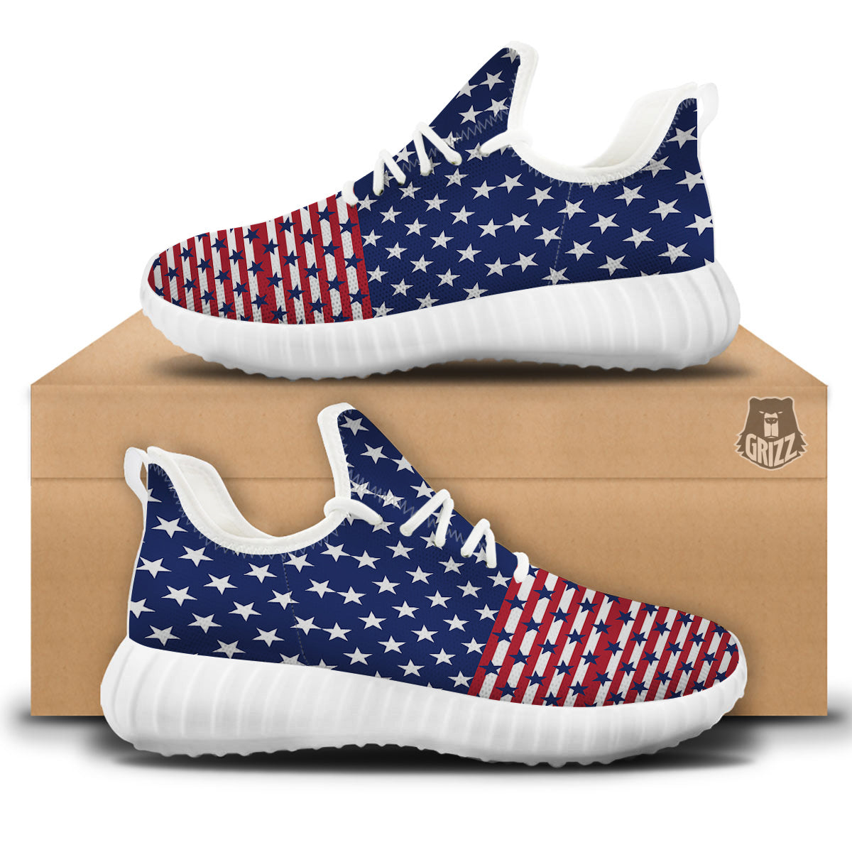 USA Blue And White Star Print Pattern White Walking Shoes-grizzshop