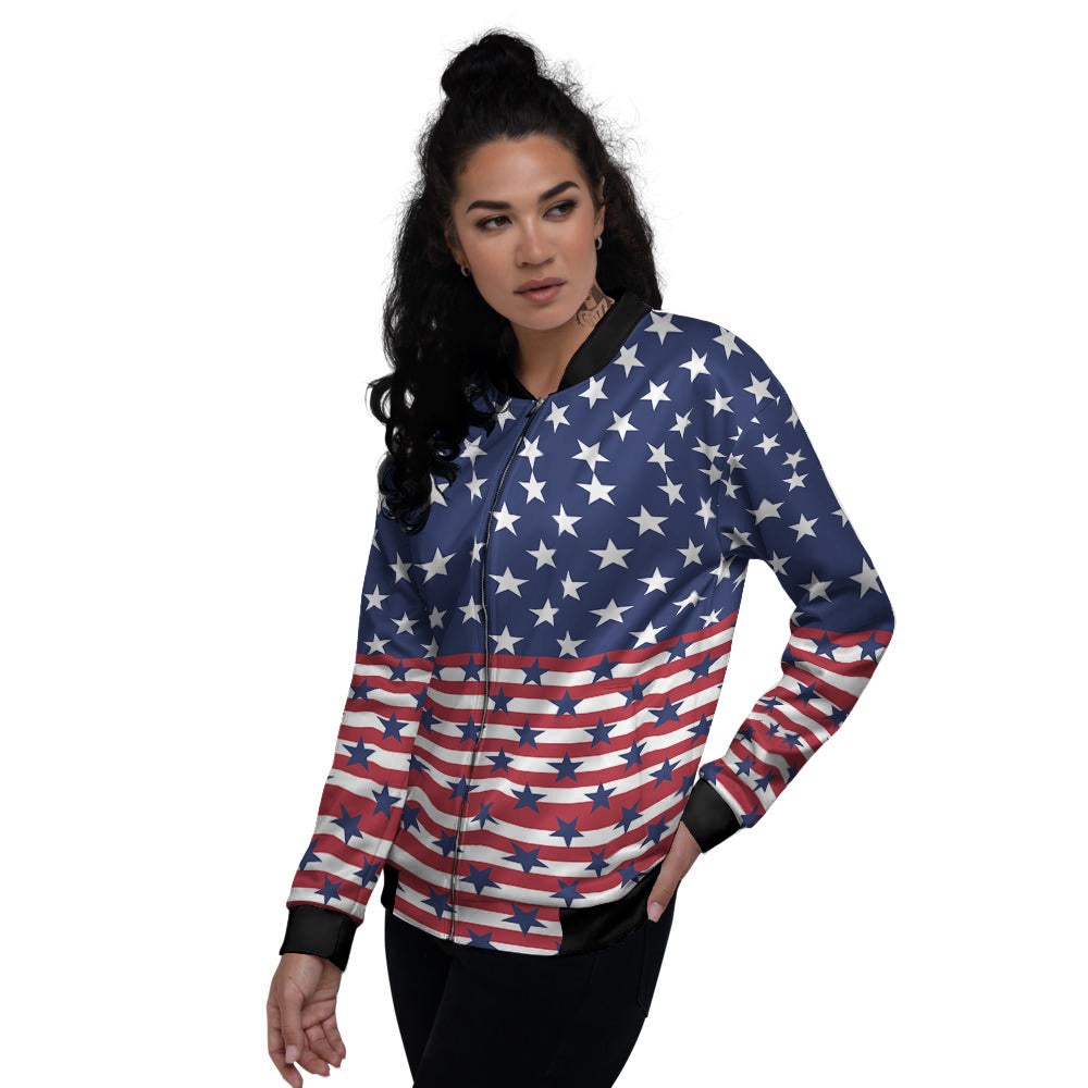 USA Blue And White Star Print Pattern Women's Bomber Jacket-grizzshop