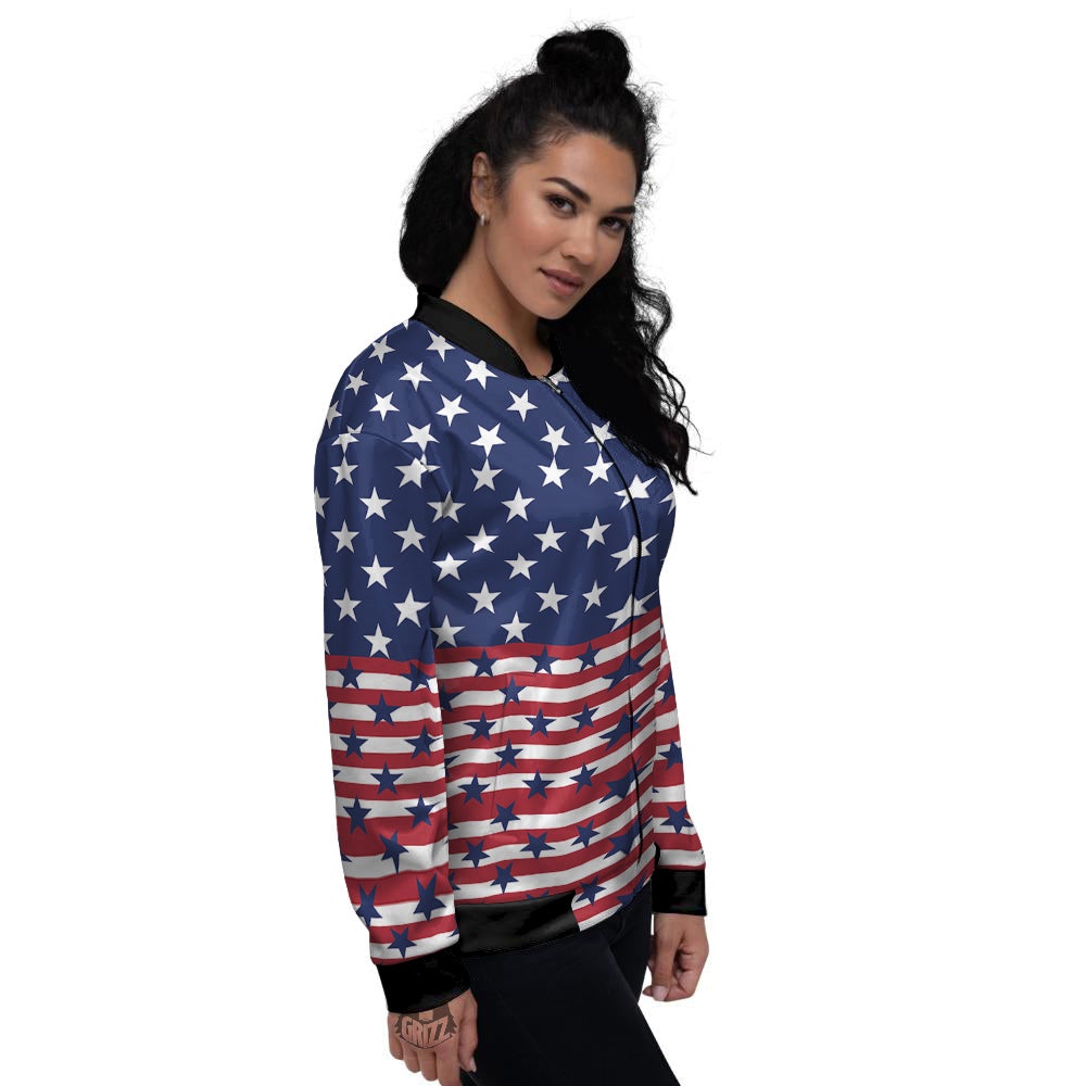 USA Blue And White Star Print Pattern Women's Bomber Jacket-grizzshop