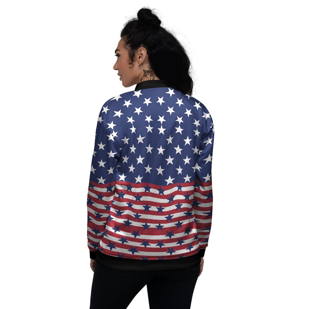 USA Blue And White Star Print Pattern Women's Bomber Jacket-grizzshop