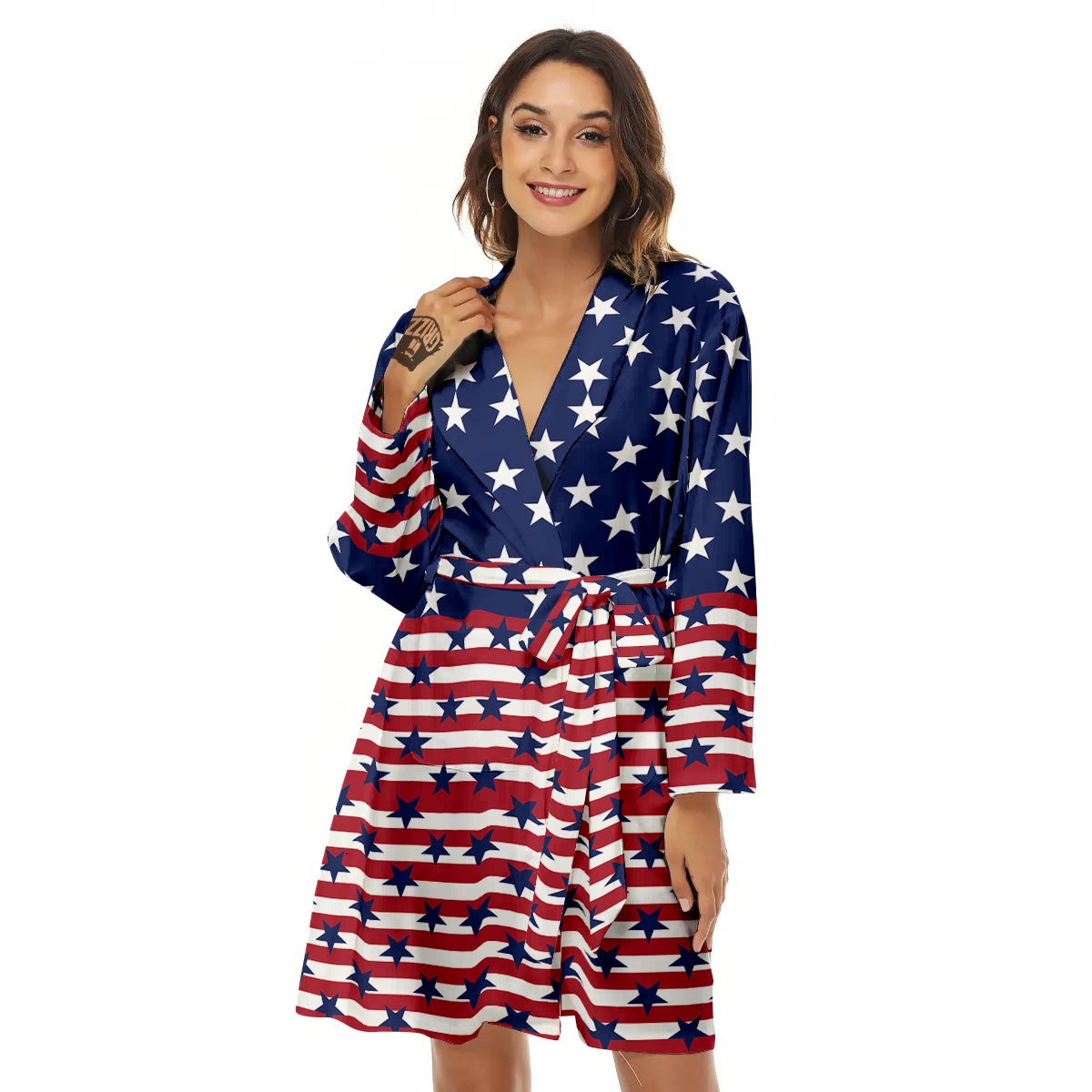 USA Blue And White Star Print Pattern Women's Robe-grizzshop