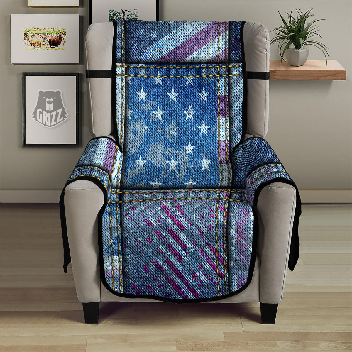 USA Denim Patchwork 4th of July Print Armchair Protector-grizzshop