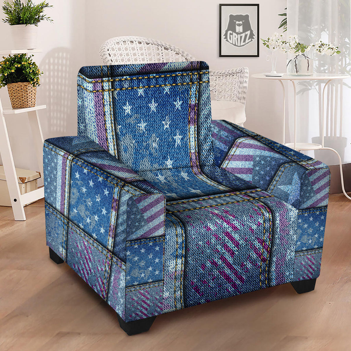 USA Denim Patchwork 4th of July Print Armchair Slipcover-grizzshop