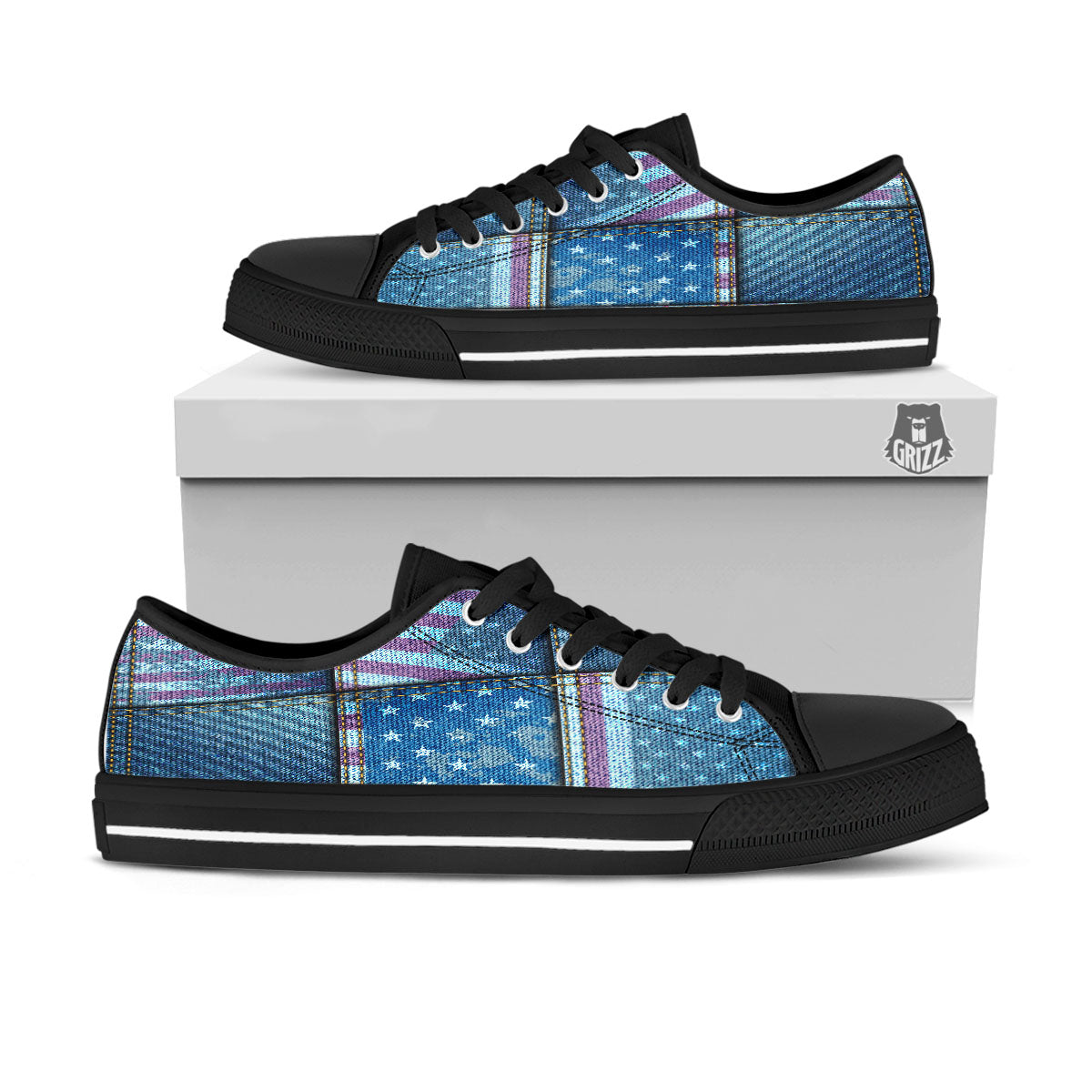 USA Denim Patchwork 4th of July Print Black Low Top Shoes-grizzshop