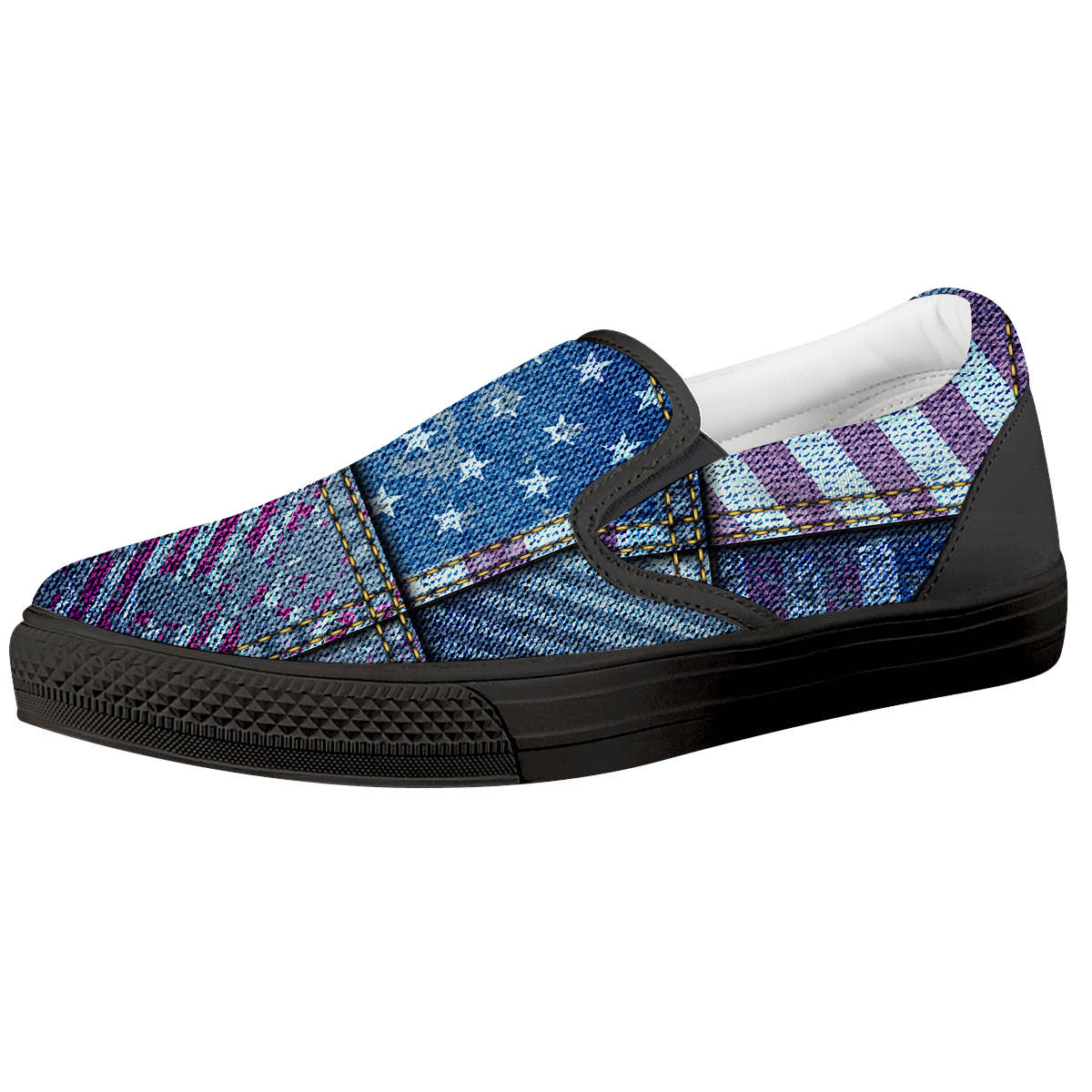 USA Denim Patchwork 4th of July Print Black Slip On Shoes-grizzshop