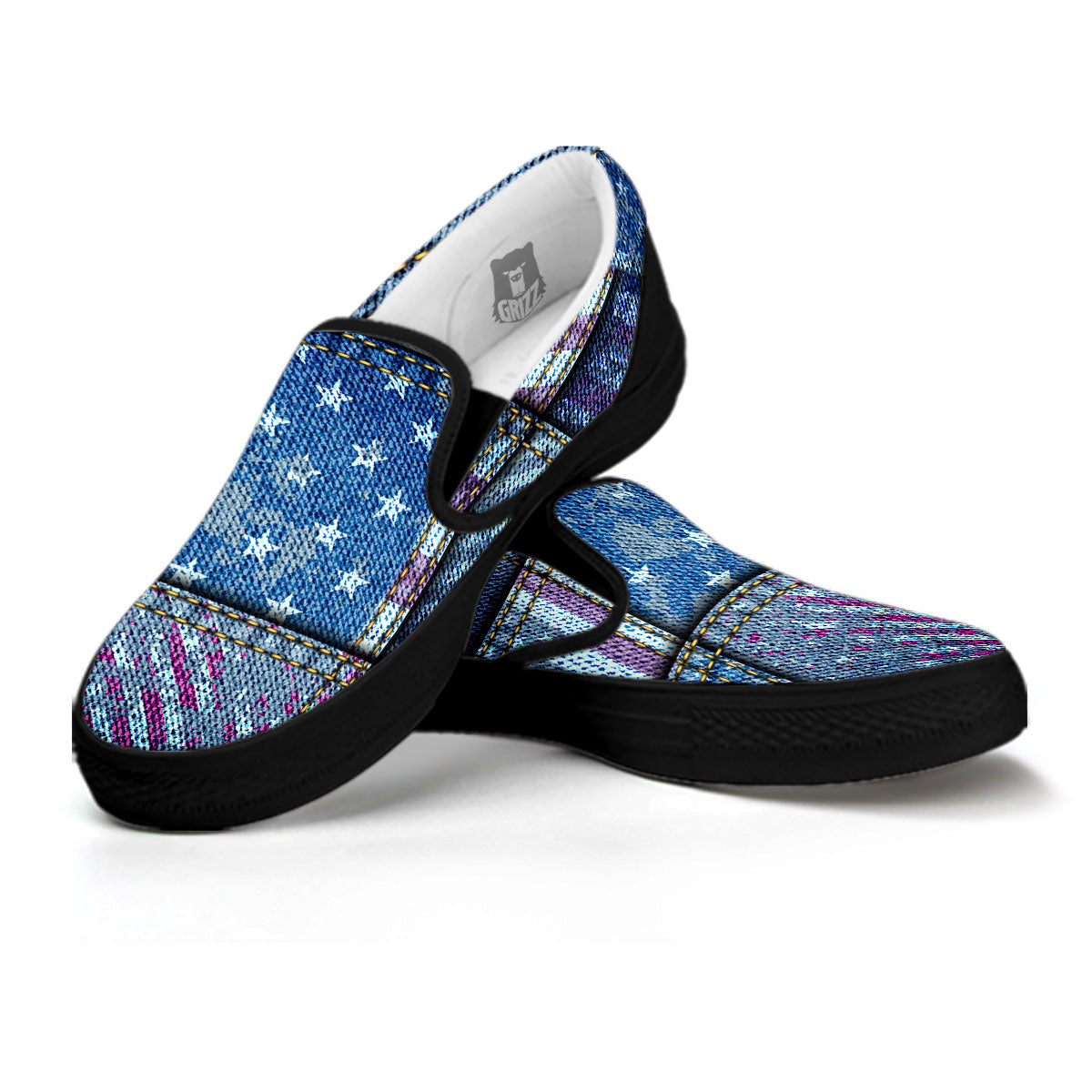 USA Denim Patchwork 4th of July Print Black Slip On Shoes-grizzshop