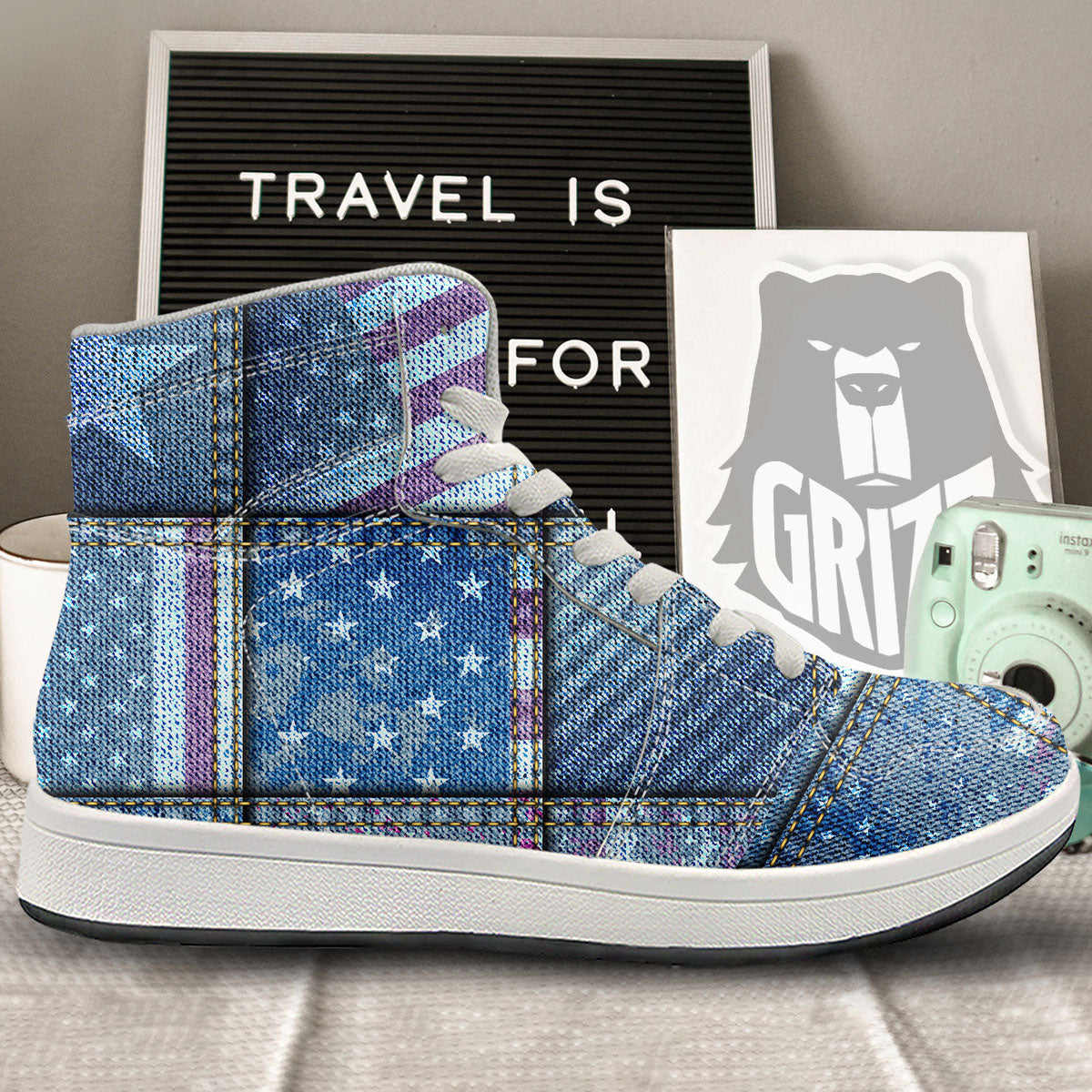 USA Denim Patchwork 4th of July Print High Top Sneakers-grizzshop